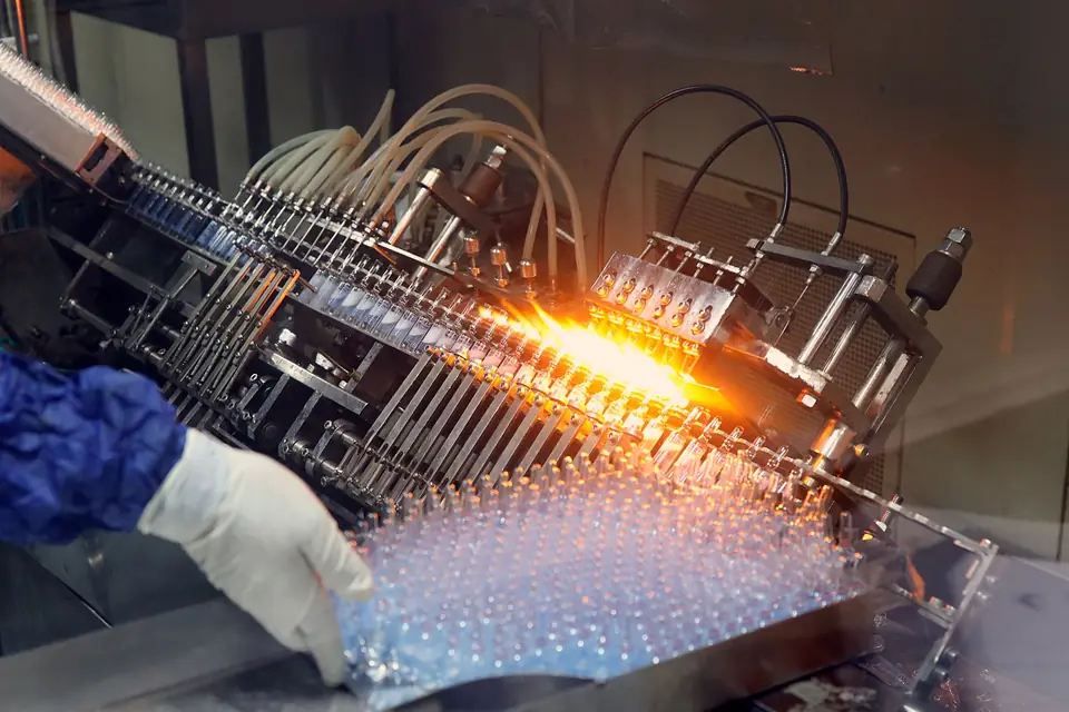 Pharmaceutical ampoule filling line with a glowing seal flame