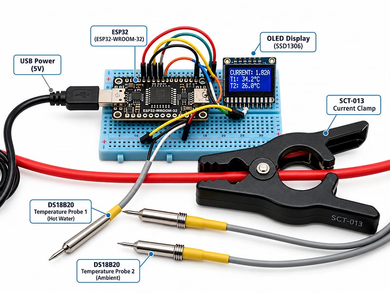 ESP32 breadboard prototype with labelled callouts: ESP32-WROOM-32, SSD1306 OLED display showing current and temperatures, SCT-013 current clamp, two DS18B20 temperature probes and USB power