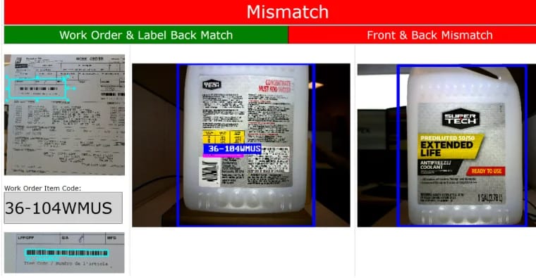 Machine-vision output comparing a work-order label with the front and back labels of a container, flagging a mismatch