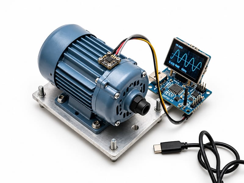 Small electric motor on a base plate with a vibration sensor, an ESP32 board and a display showing a vibration waveform