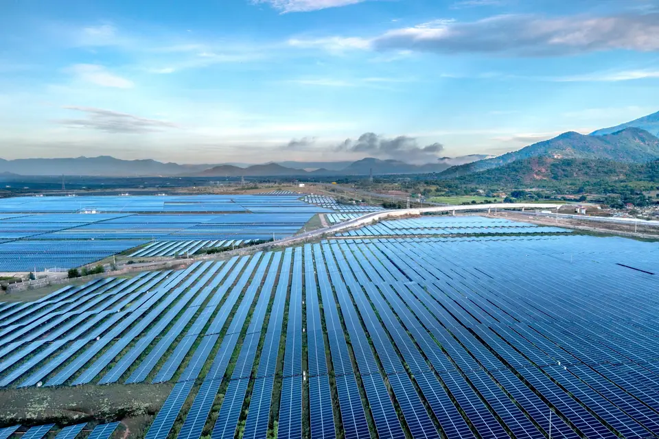 Aerial view of a large solar farm