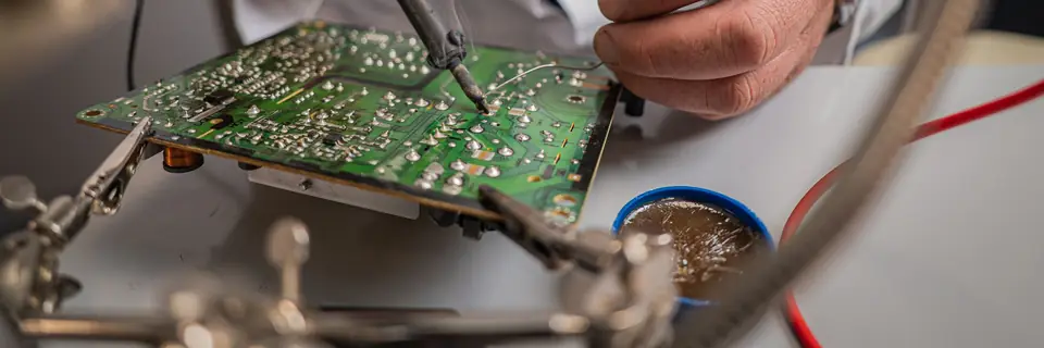 Soldering iron touching a green circuit board