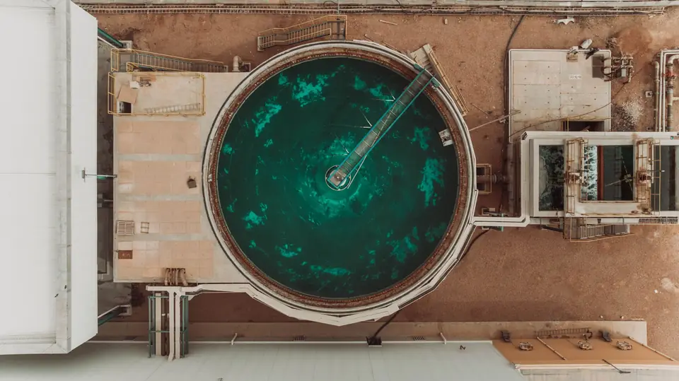 Aerial view of a circular water treatment tank